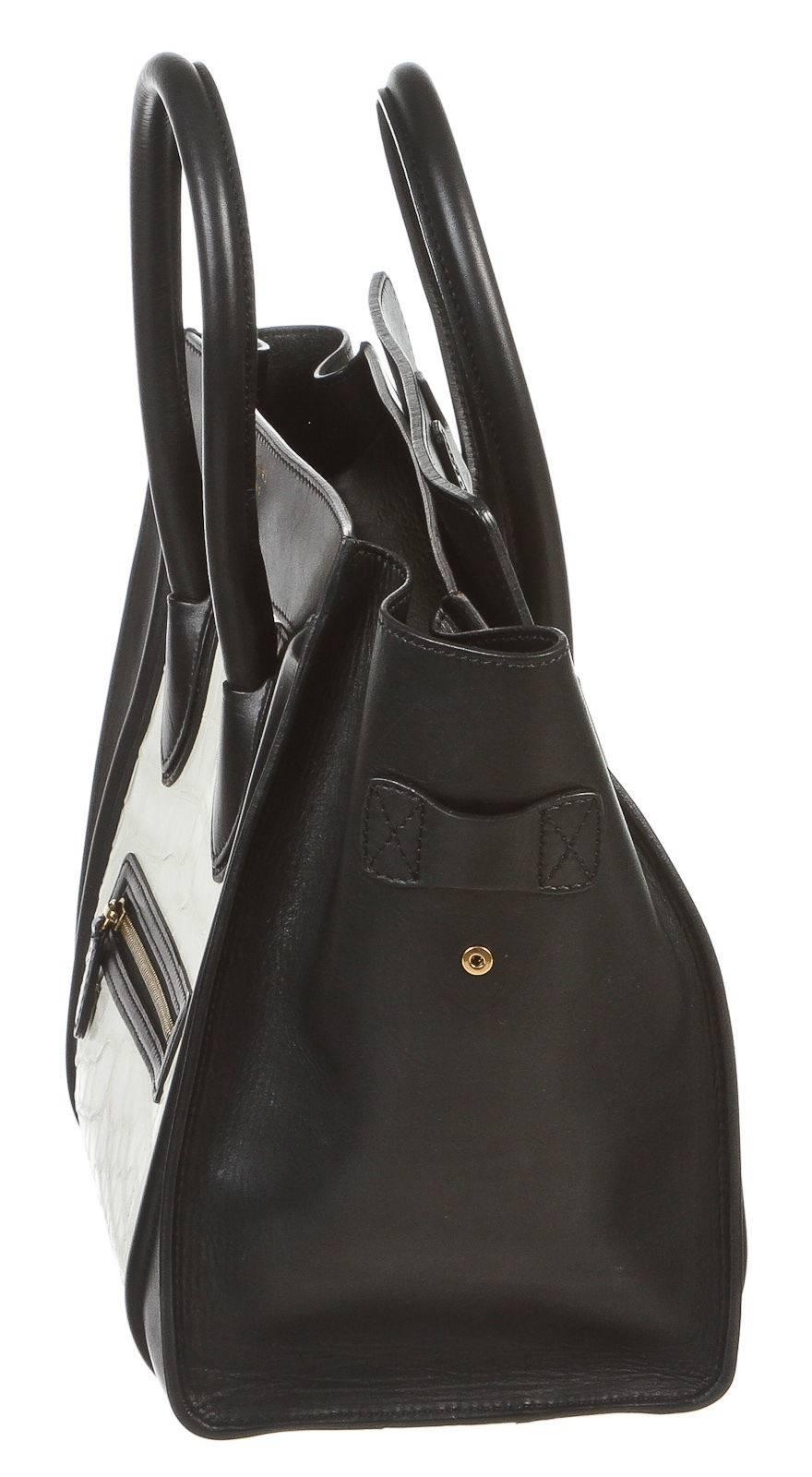 Women's Celine Black Leather and White Crocodile Medium Luggage Tote Handbag For Sale