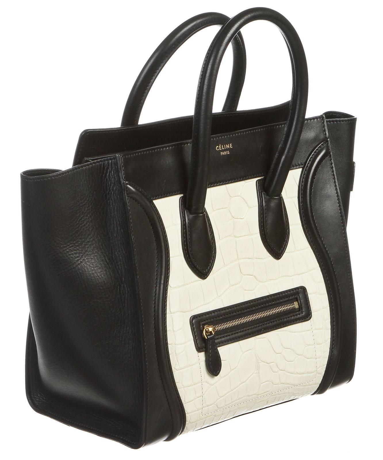 Celine Black Leather and White Crocodile Medium Luggage Tote Handbag In Fair Condition For Sale In Corona Del Mar, CA