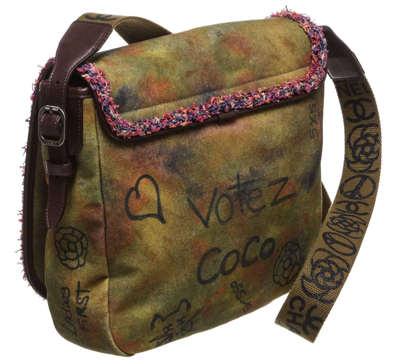 Chanel Brown Canvas Graffiti Messenger 15S Handbag In Excellent Condition In Corona Del Mar, CA