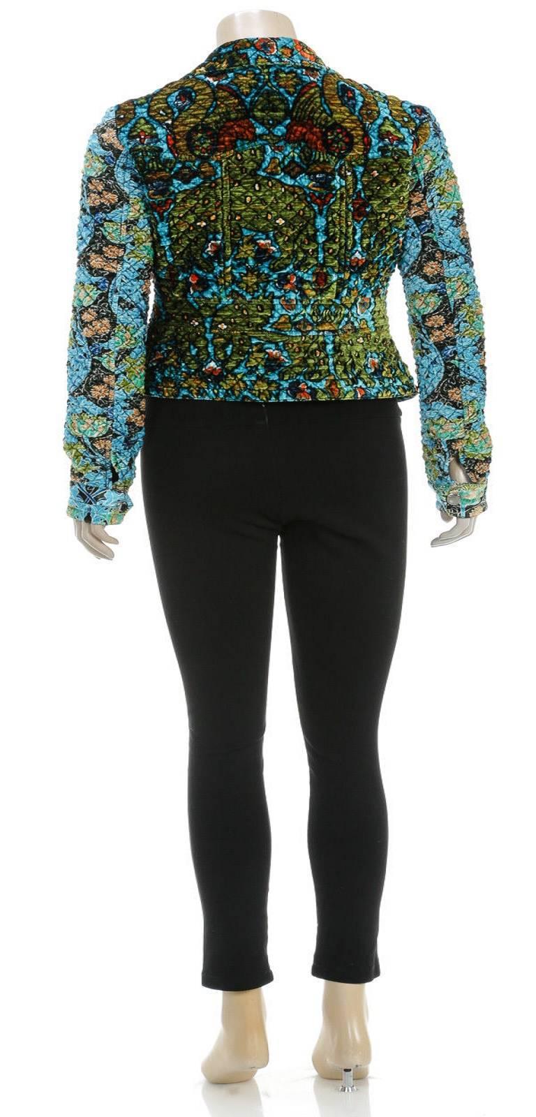 Women's Louis Vuitton Blue Multicolor Velvet Printed Bomber Jacket (Size 38) For Sale