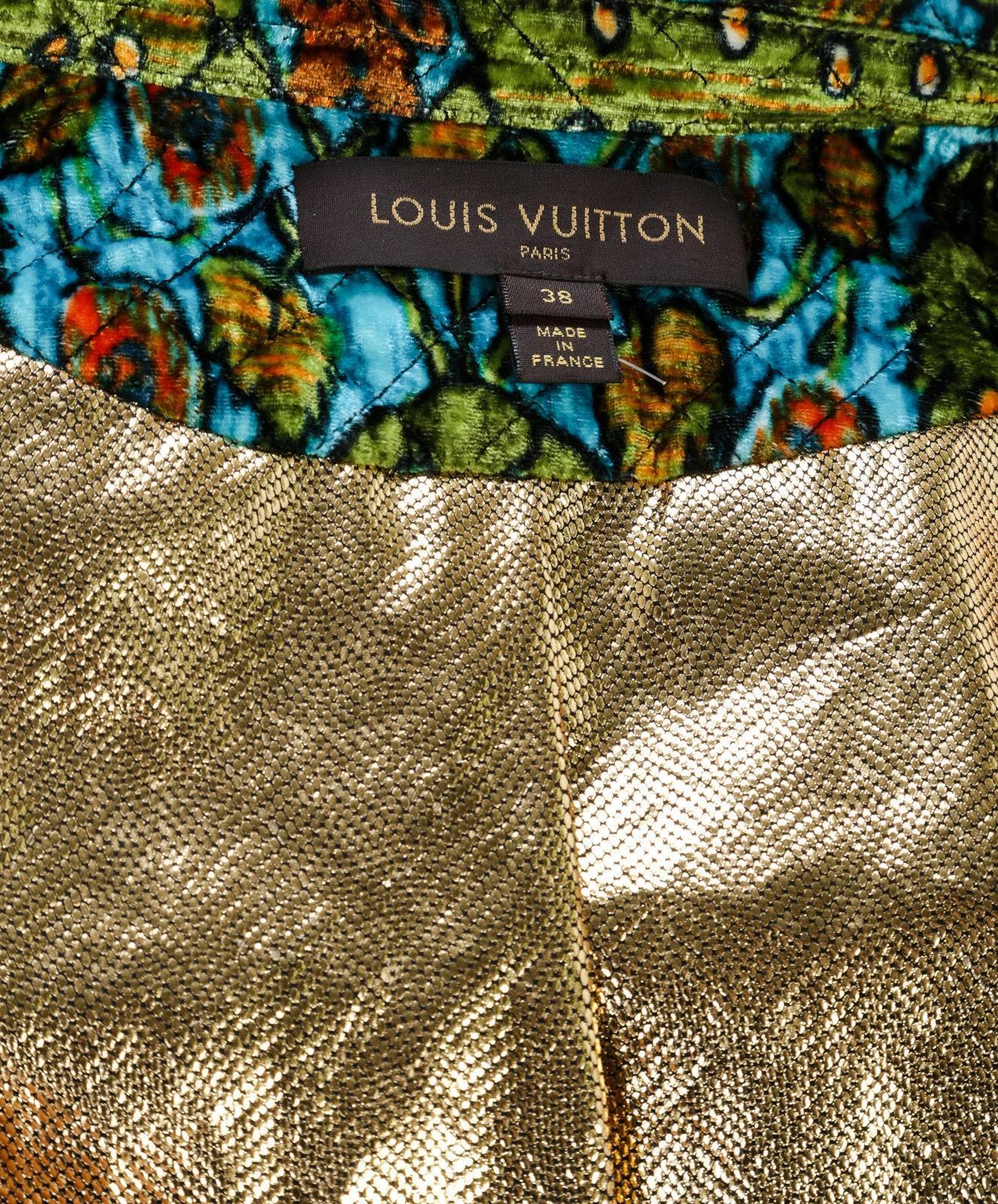 Louis Vuitton Blue Multicolor Velvet Printed Bomber Jacket (Size 38) For Sale 3