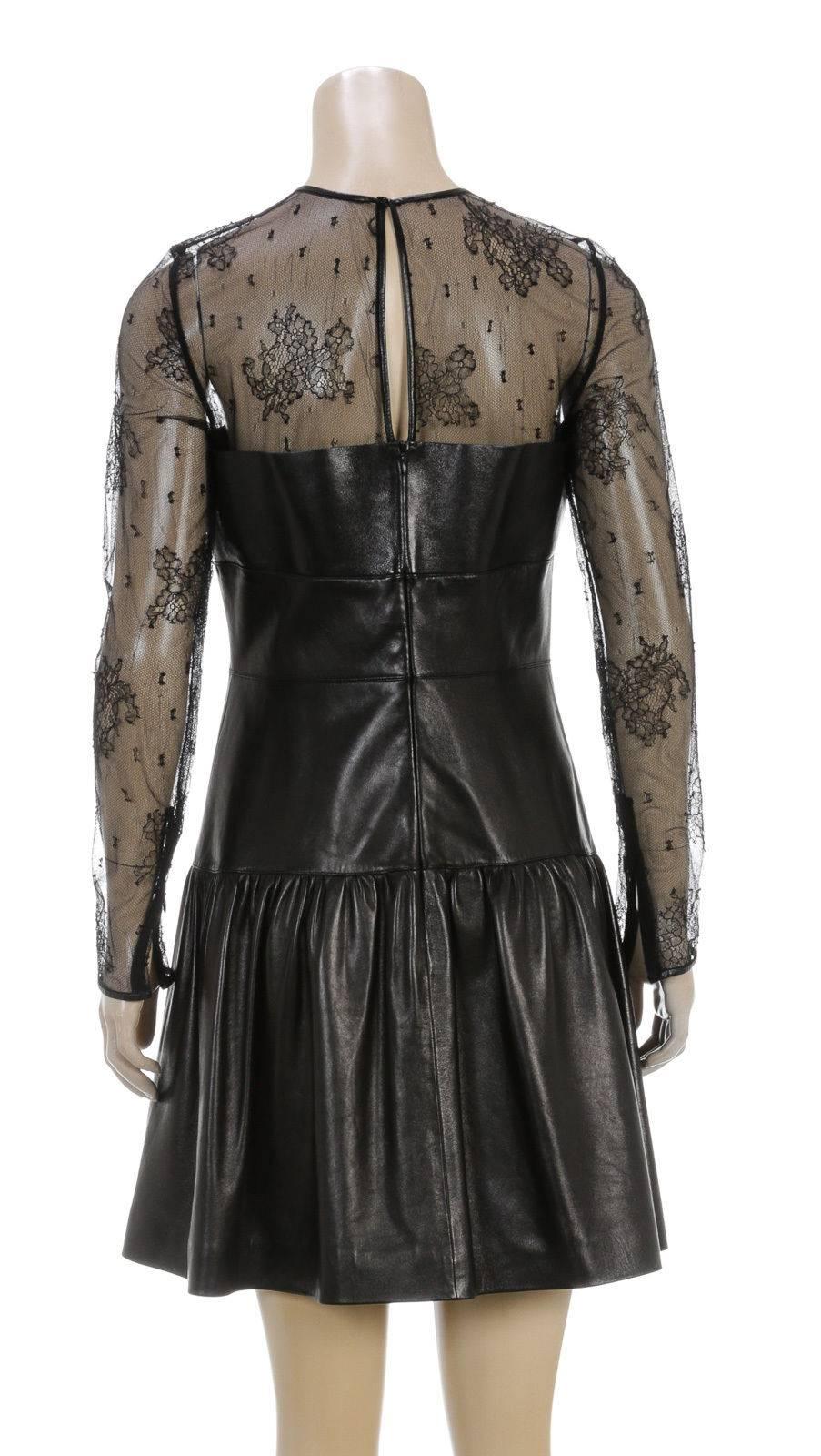 Valentino Black Long Sleeve Lace and Leather Drop Waist Dress (Size 44) For Sale 1