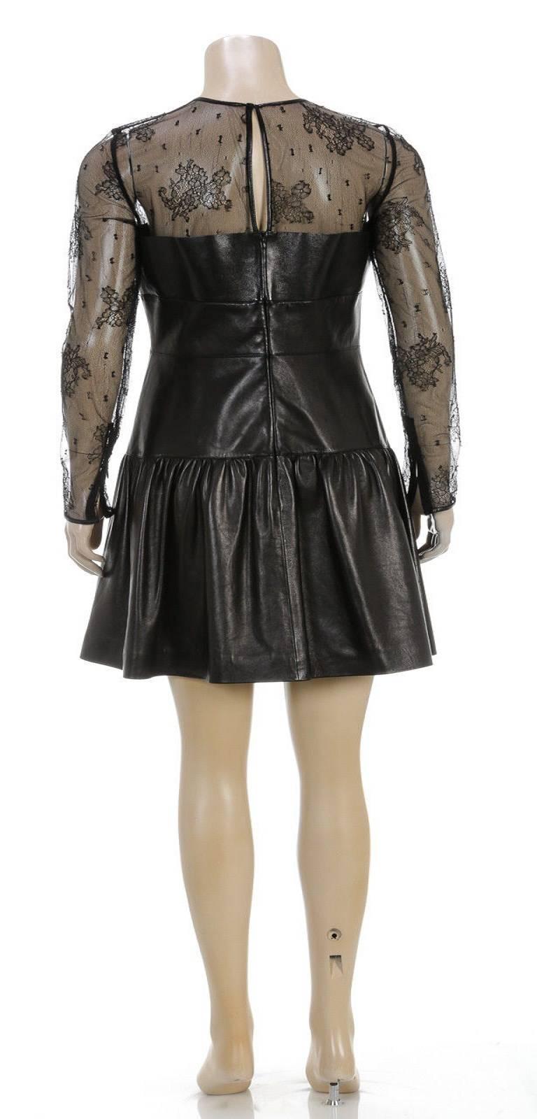 Valentino Black Long Sleeve Lace and Leather Drop Waist Dress (Size 44) For Sale 2