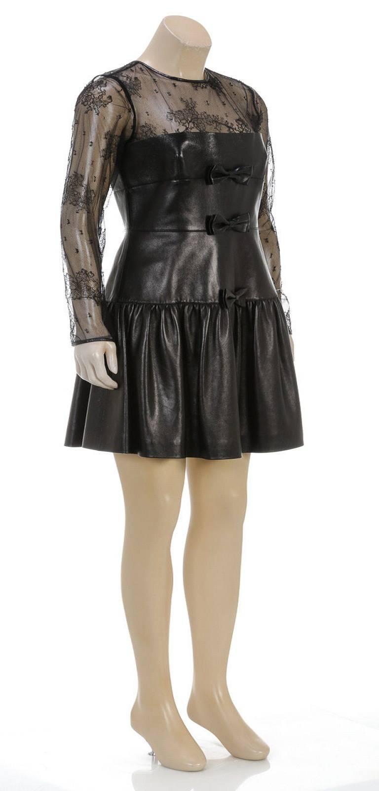 Women's Valentino Black Long Sleeve Lace and Leather Drop Waist Dress (Size 44) For Sale