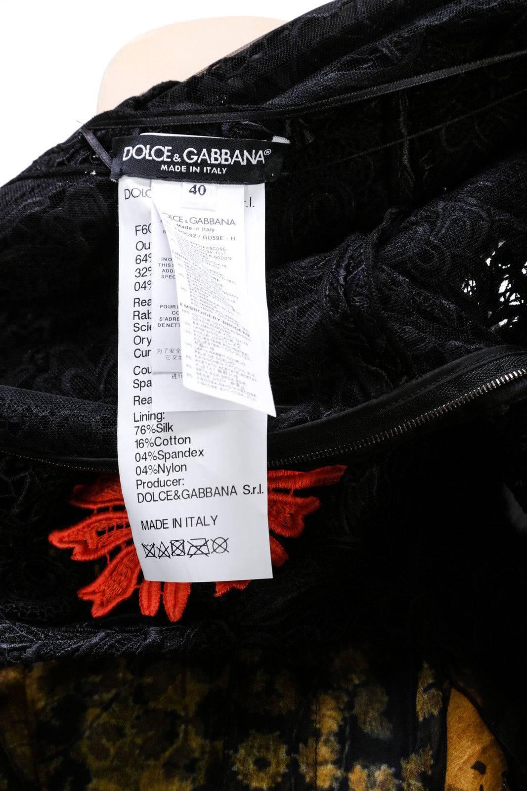 Dolce & Gabbana Black Half Sleeve Macrame Floral Applique Dress AW 14 (Size 40) For Sale 4