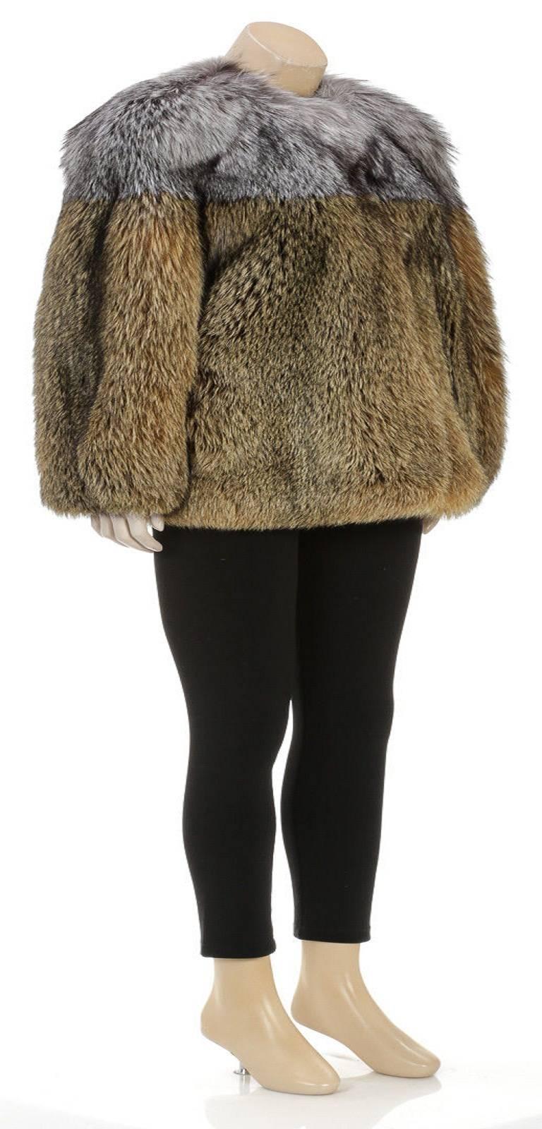 Lanvin Brown and Gray Fox Fur Zip Jacket (Size 38) In Excellent Condition For Sale In Corona Del Mar, CA