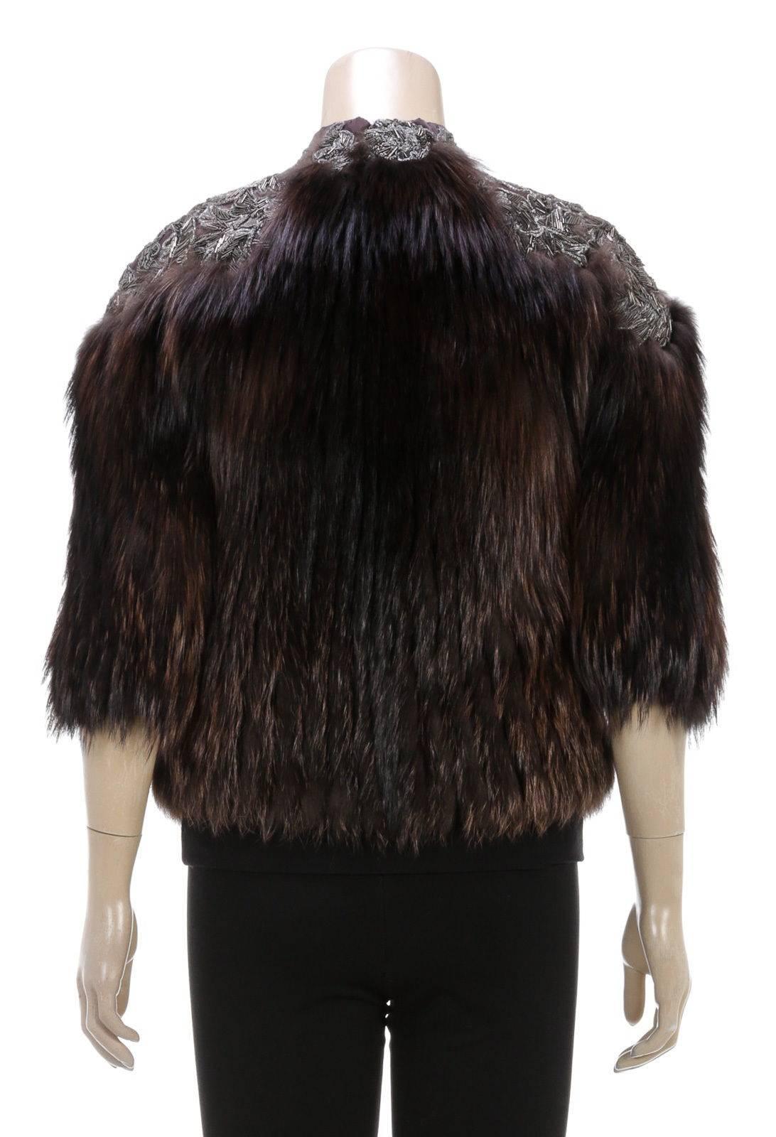 Roberto Cavalli Brown Multicolor Half Sleeve Beaded Shoulder Crop Fur Coat (Size For Sale 1