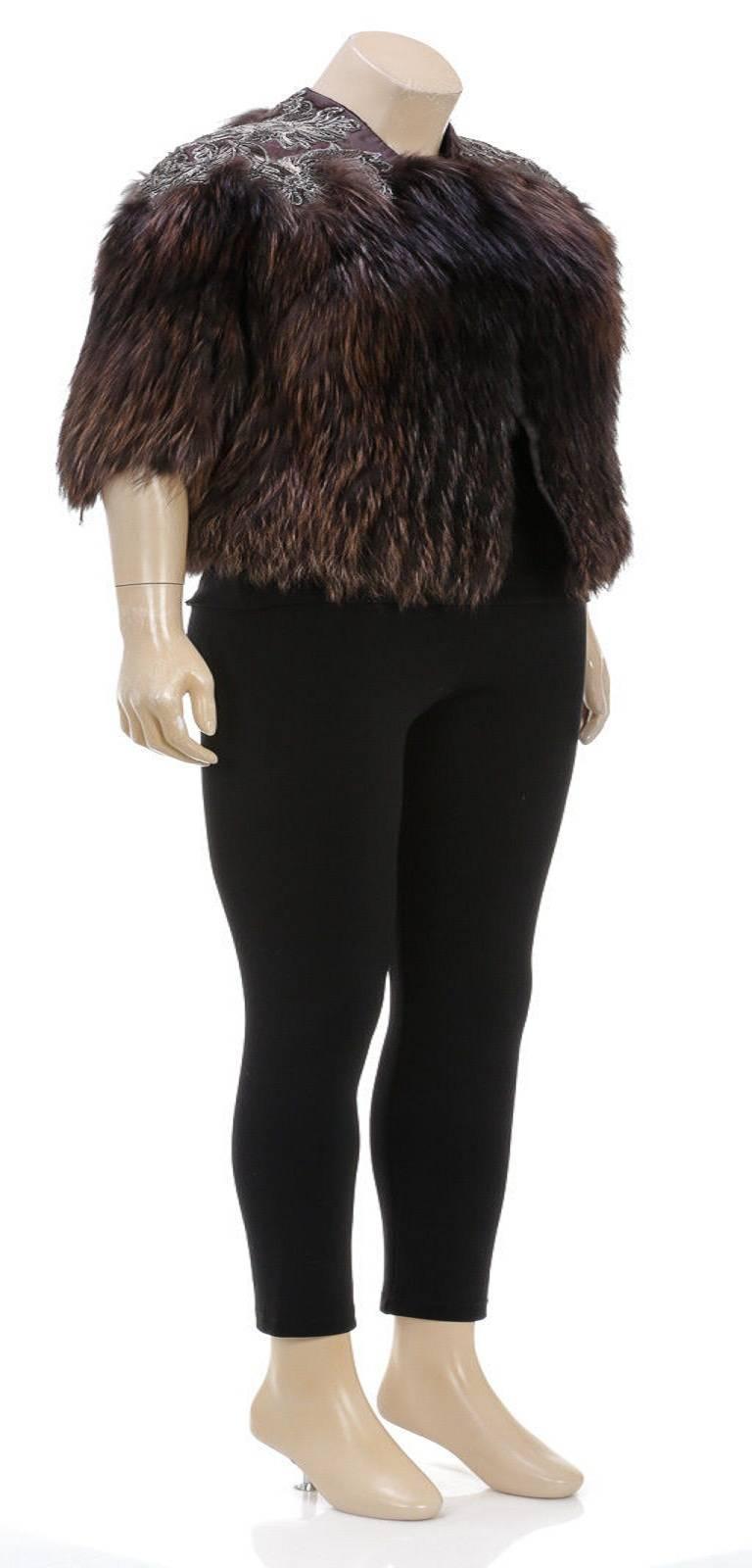 Women's Roberto Cavalli Brown Multicolor Half Sleeve Beaded Shoulder Crop Fur Coat (Size For Sale