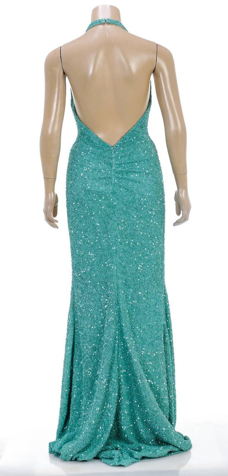 Oday Shakar Aqua Sequined Ruched Halter Floor Length Dress (Size S) In New Condition For Sale In Corona Del Mar, CA