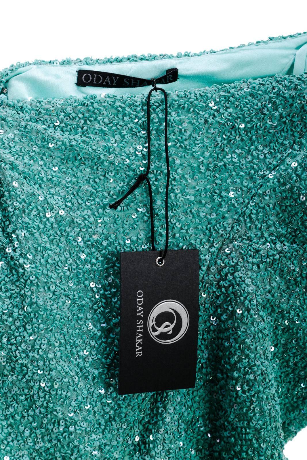 Oday Shakar Aqua Sequined Ruched Halter Floor Length Dress (Size S) For Sale 1