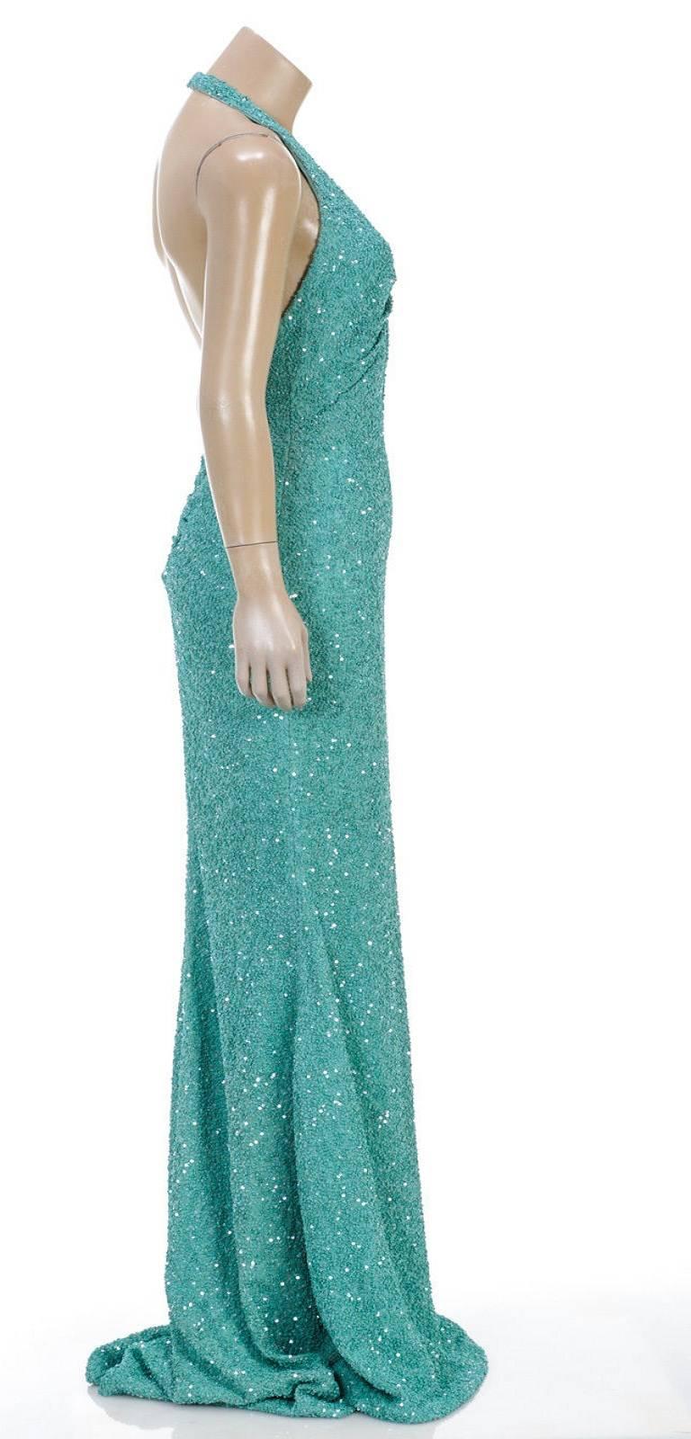 Blue Oday Shakar Aqua Sequined Ruched Halter Floor Length Dress (Size S) For Sale