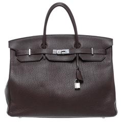 Hermes Chocolate Brown Clemence Leather 40cm Birkin Satchel Handbag SHW