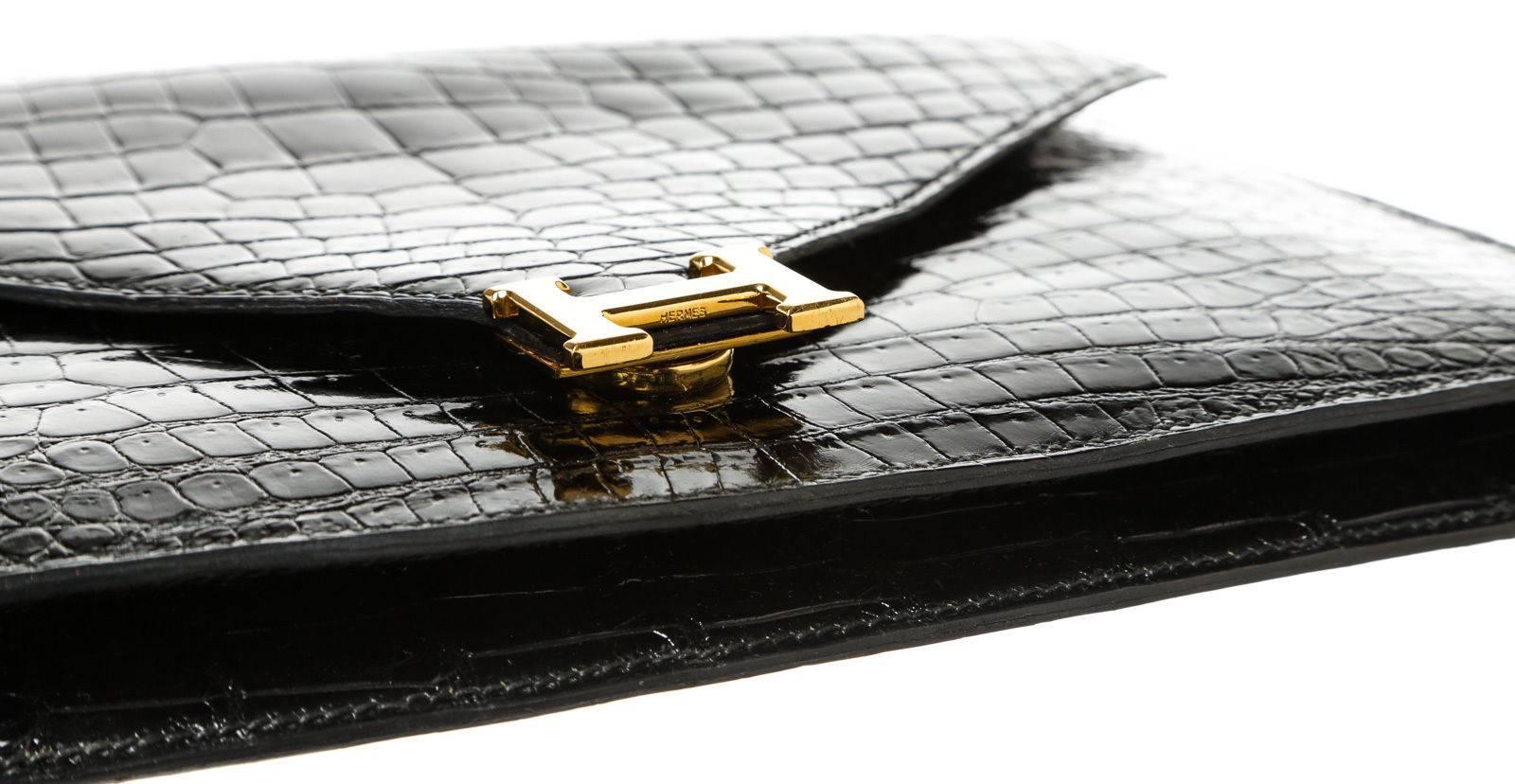 Women's Hermes Black Crocodile Porosus Lisse Lydie Clutch Handbag
