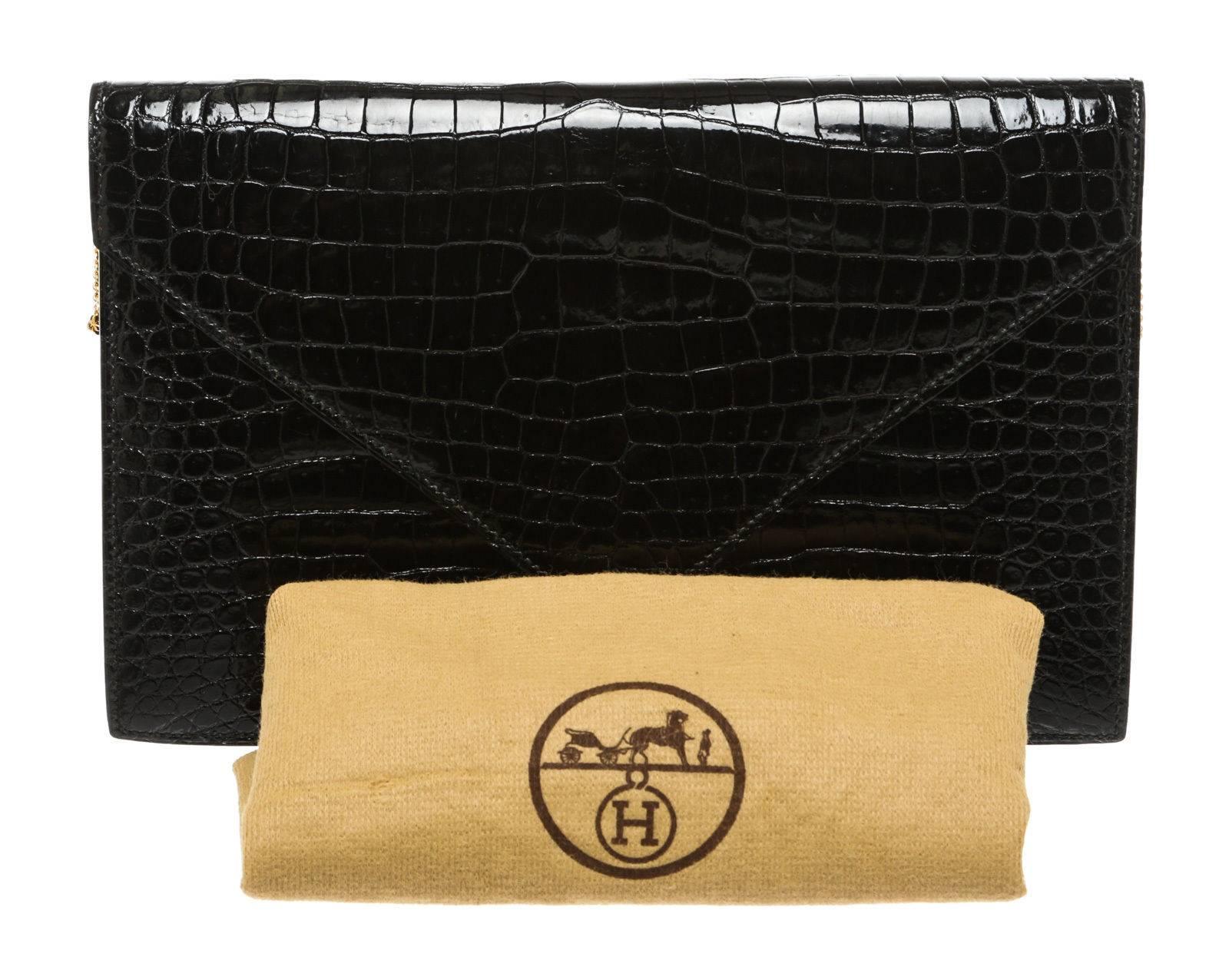 Hermes Black Crocodile Porosus Lisse Lydie Clutch Handbag 4