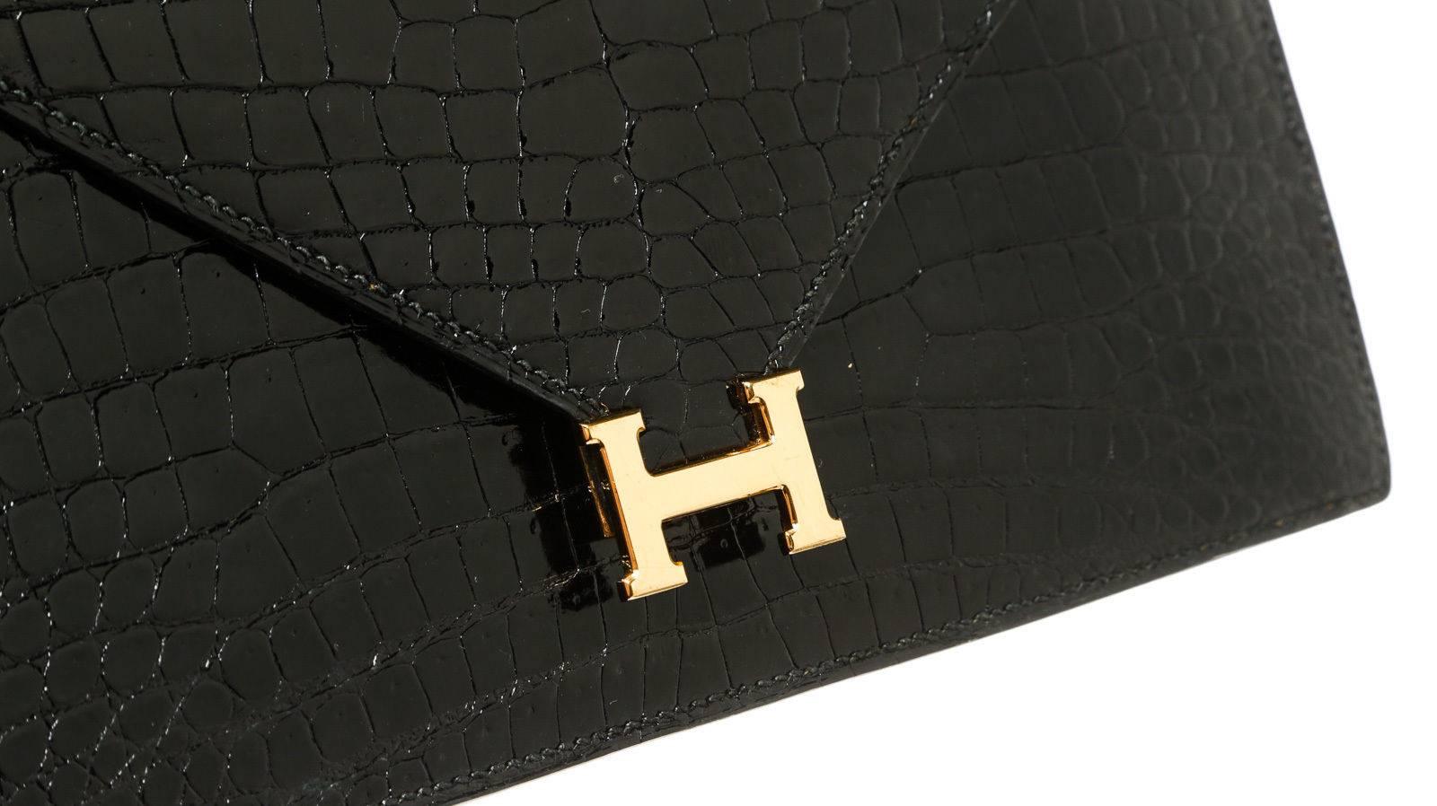 Hermes Black Crocodile Porosus Lisse Lydie Clutch Handbag 1