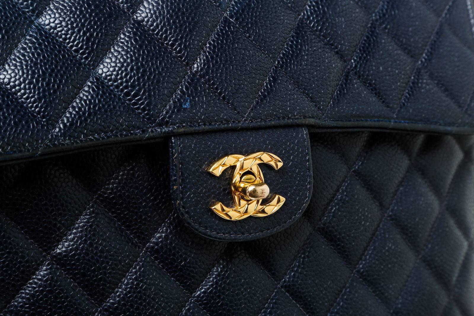 Black Chanel Navy Quilted Caviar Vintage Sac Camera Case Crossbody Handbag