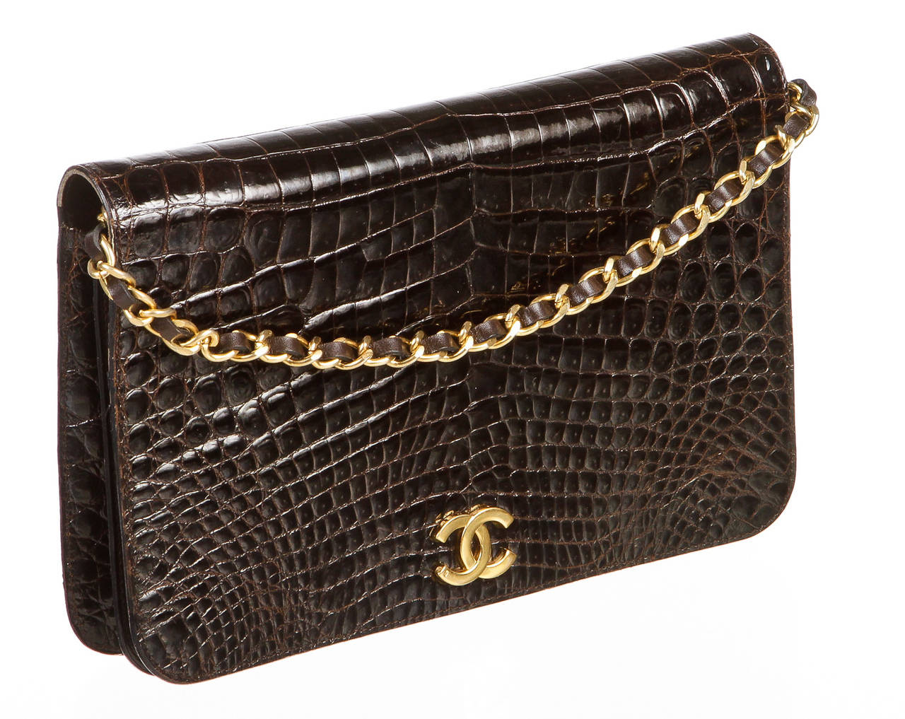 Chanel Brown Crocodile Vintage Flap Shoulder Handbag For Sale 2