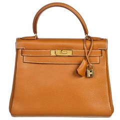 Hermes Gold Clemence Leather 28cm Kelly Retourne Handbag