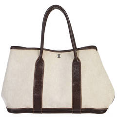 Hermes Toile and Ebene (Brown) Buffalo Leather Garden Party Handbag