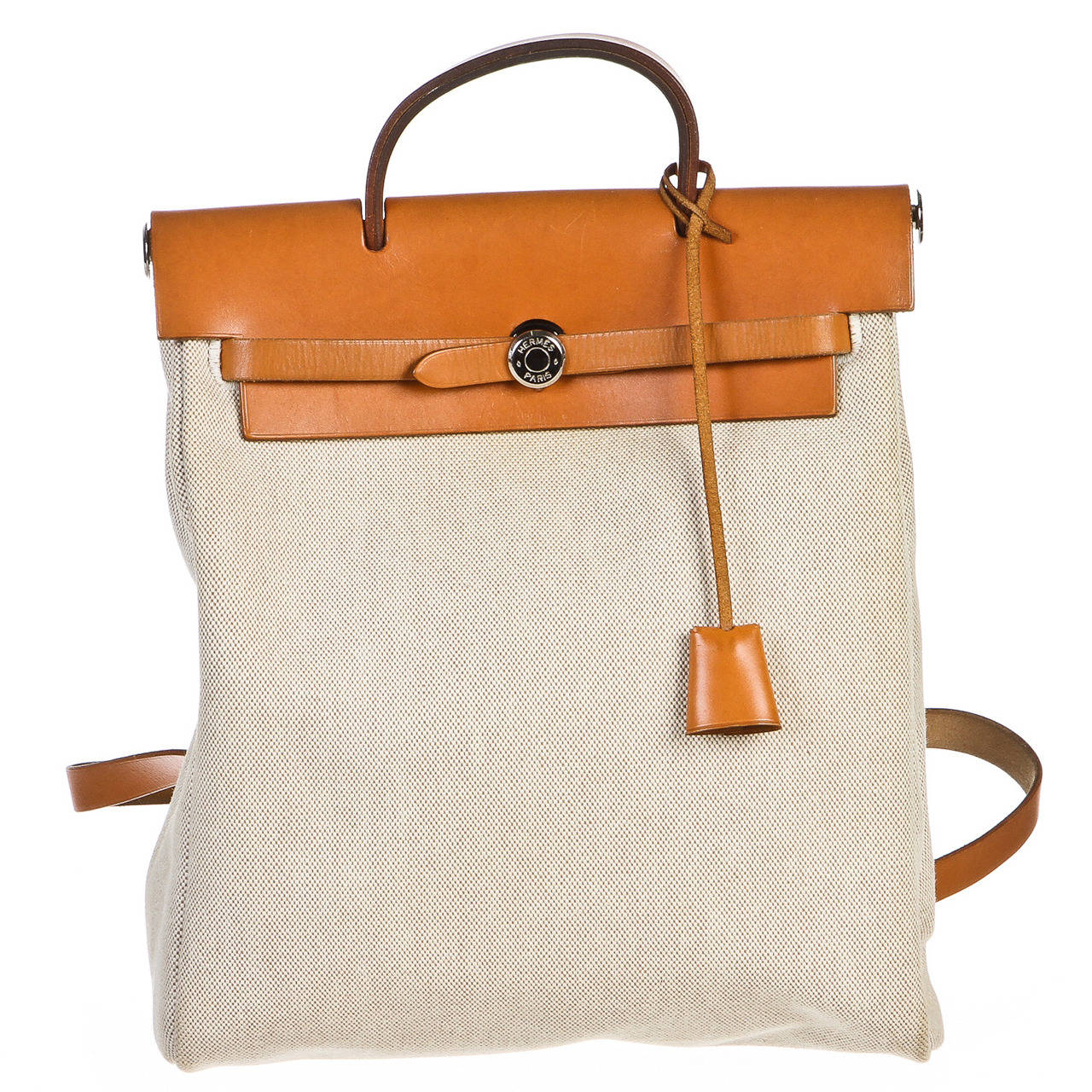 Hermes Camel Toile and Leather Herbag Backpack For Sale