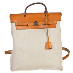 Hermes Camel Toile and Leather Herbag Backpack