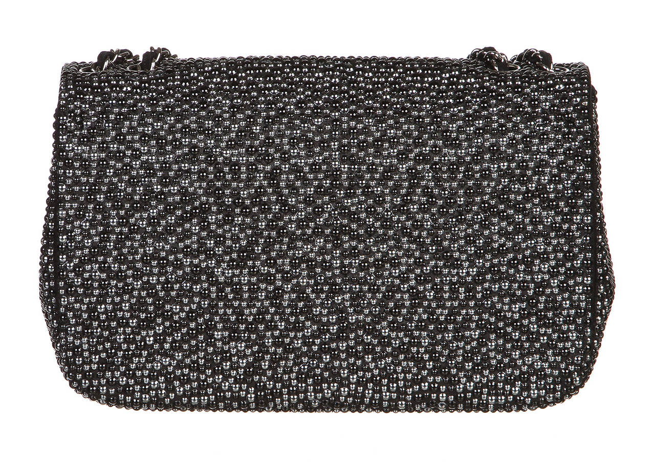 Chanel Black Pearl Beaded Flap Handbag 12A For Sale 1