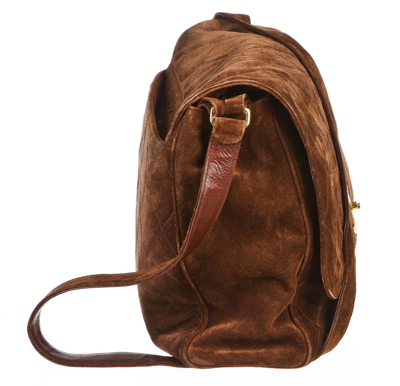 Chanel Brown Quilted Suede Vintage Messenger Handbag In Good Condition In Corona Del Mar, CA