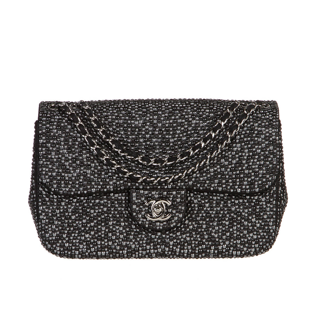 Chanel Black Pearl Beaded Flap Handbag 12A For Sale