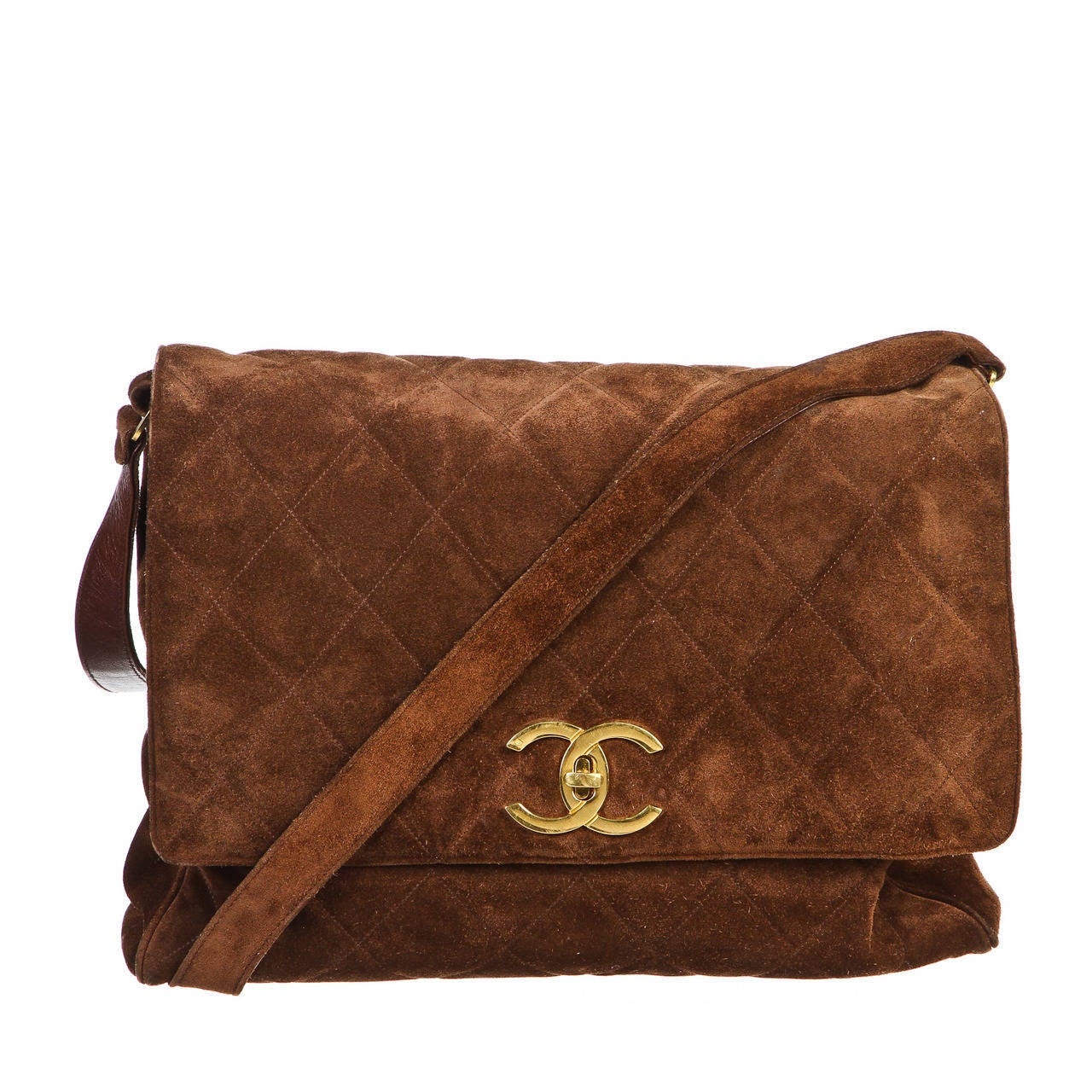 Chanel Brown Quilted Suede Vintage Messenger Handbag