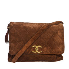 Chanel Brown Quilted Suede Vintage Messenger Handbag