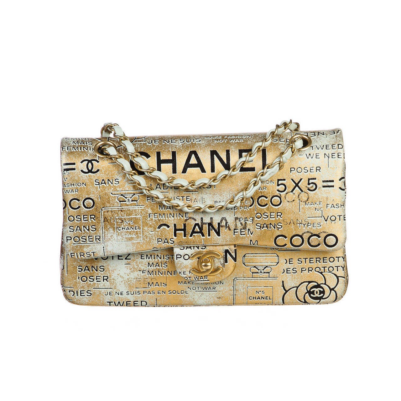 Chanel Gold Metallic Lambskin Hand Painted Medium Handbag For Sale