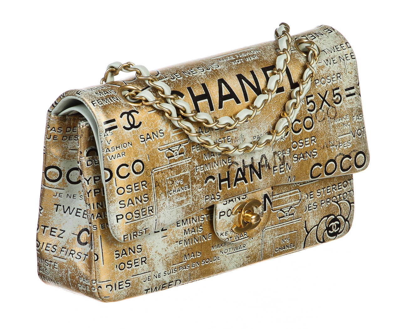 Chanel Gold Metallic Lambskin Hand Painted Medium Handbag For Sale 6