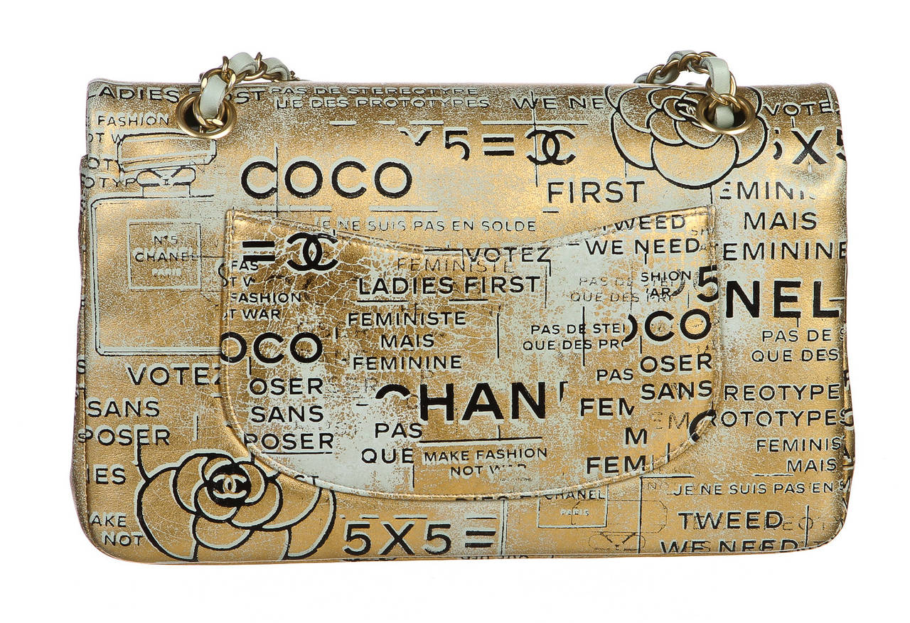 Chanel Gold Metallic Lambskin Hand Painted Medium Handbag For Sale 1