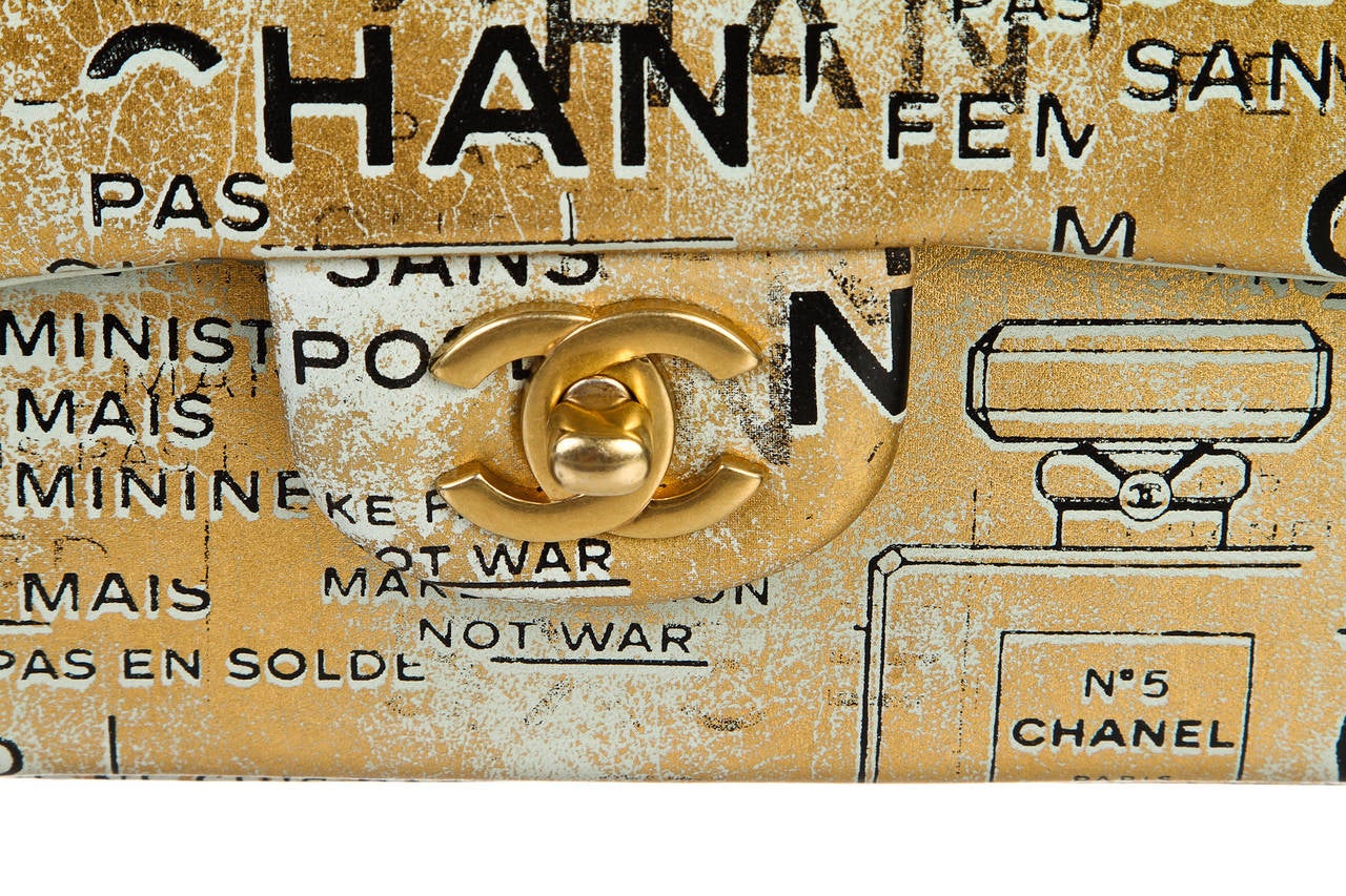 Chanel Gold Metallic Lambskin Hand Painted Medium Handbag For Sale 5