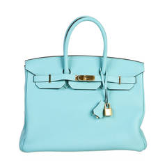 Hermes Blue Atoll 35cm Togo Leather Birkin Handbag GHW