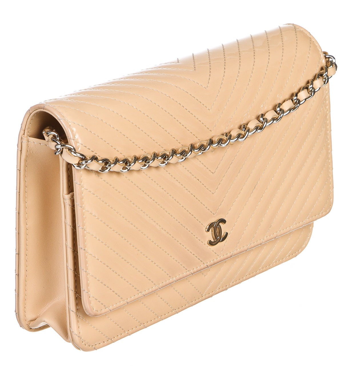 Women's Chanel Biege Patent Leather Chevron Quilted WOC Wallet on a Chain Handbag For Sale