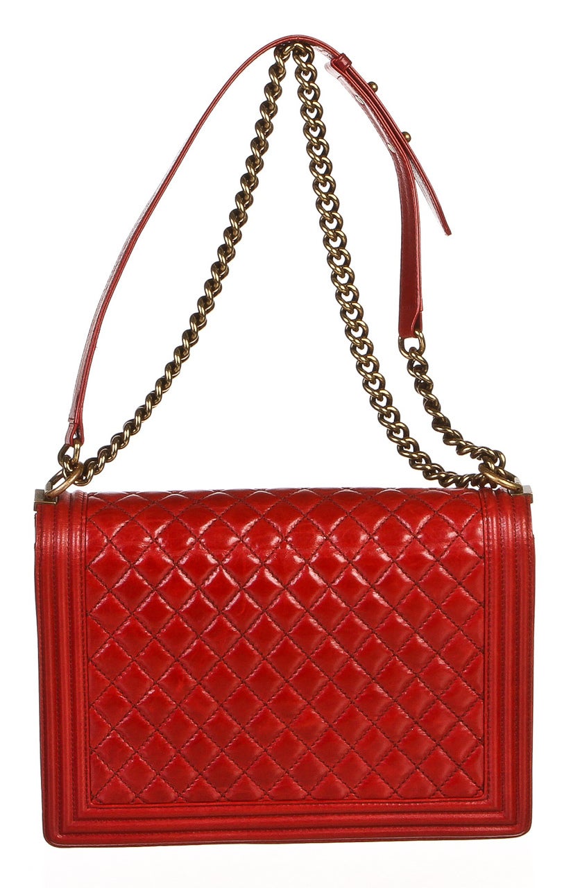 Chanel Red Quilted Distressed Leather Boy Bag Handbag In Excellent Condition For Sale In Corona Del Mar, CA