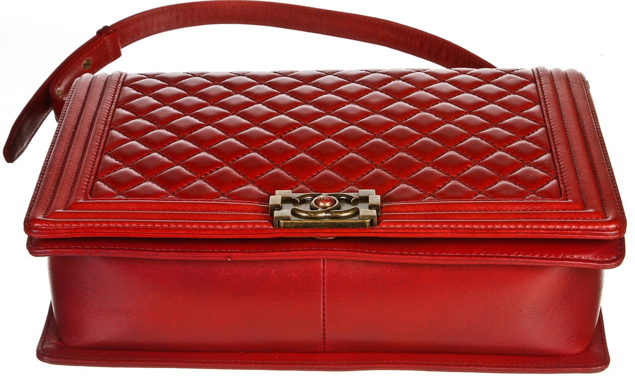 Women's Chanel Red Quilted Distressed Leather Boy Bag Handbag For Sale