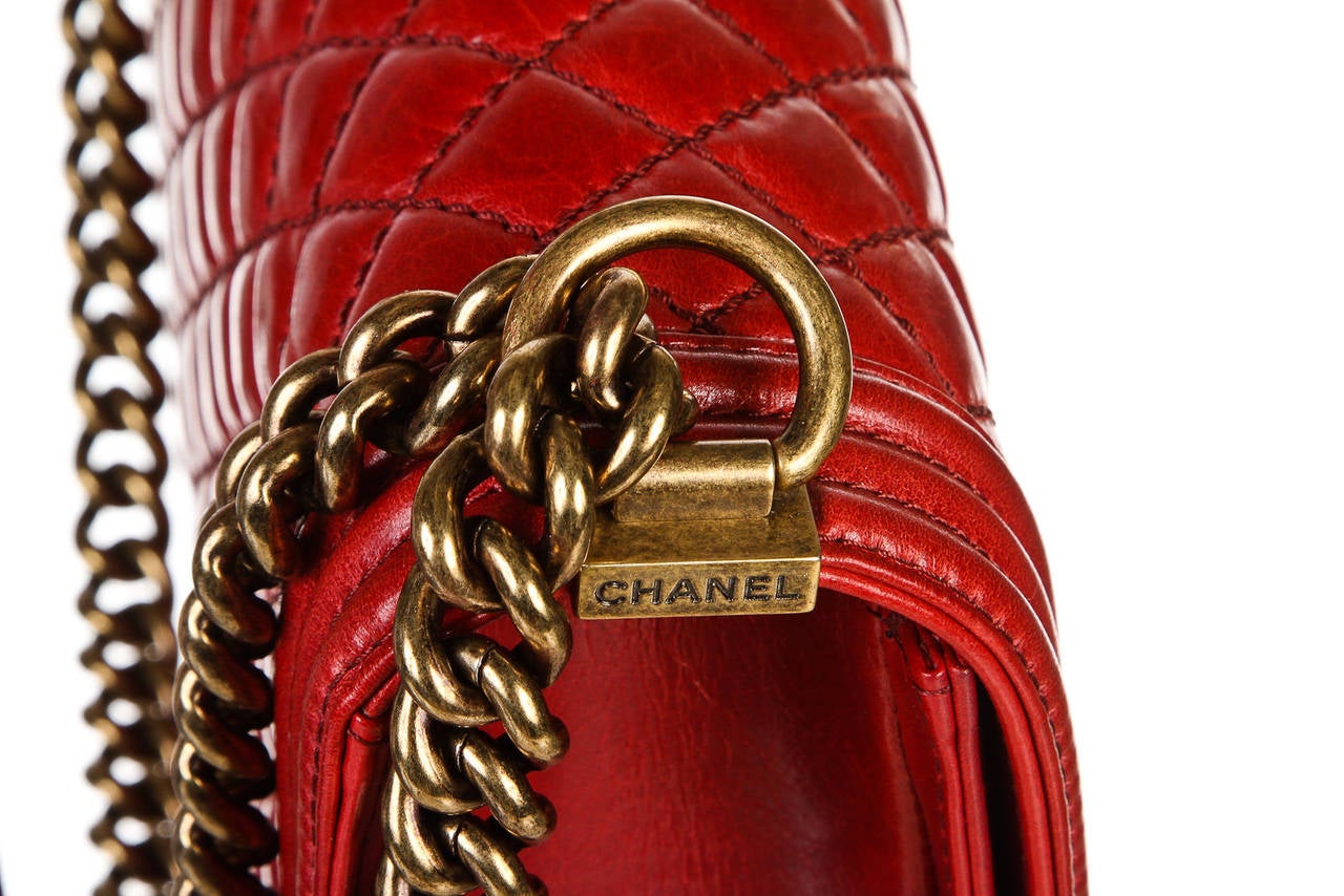 Chanel Red Quilted Distressed Leather Boy Bag Handbag For Sale 1