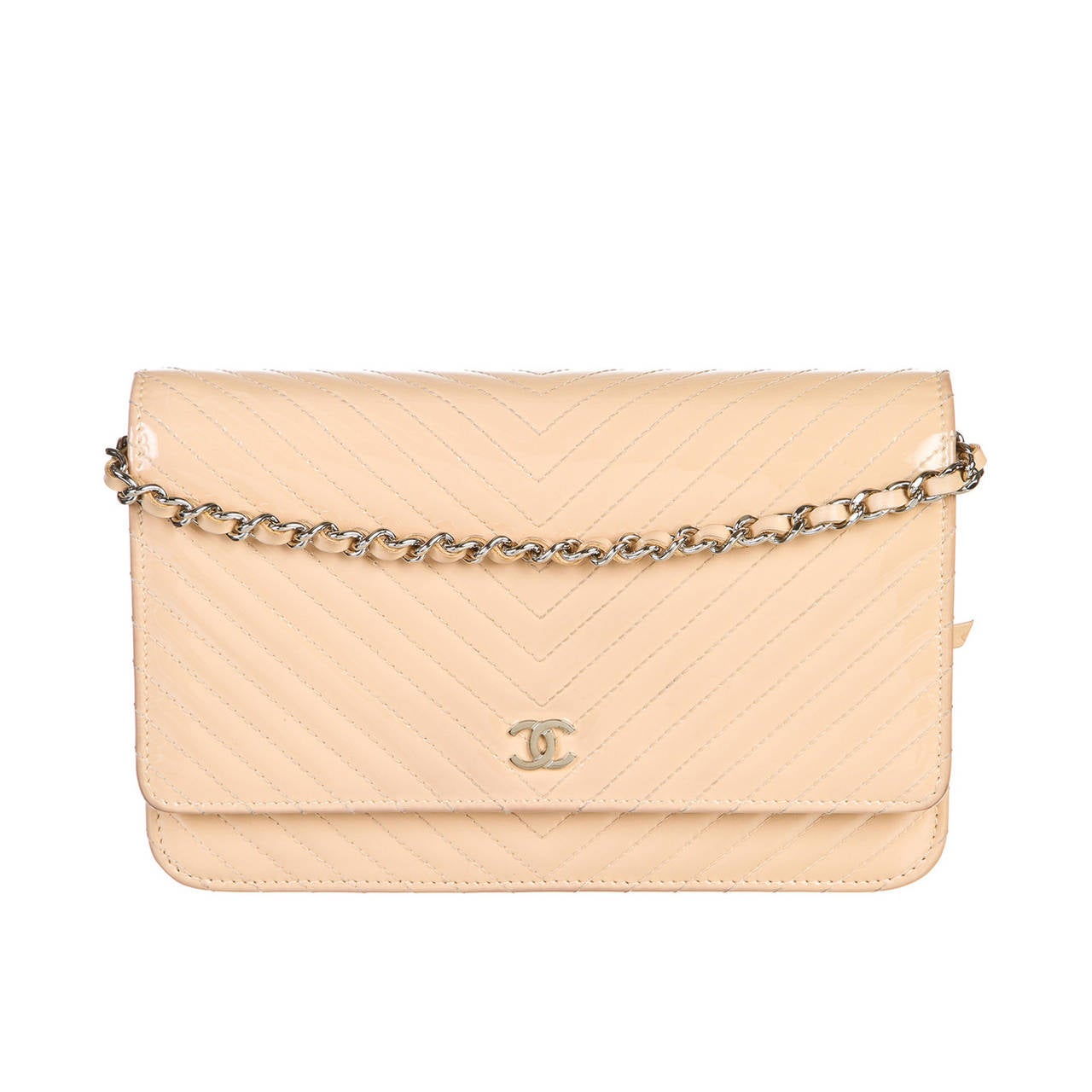 Chanel Biege Patent Leather Chevron Quilted WOC Wallet on a Chain Handbag For Sale