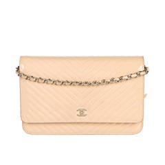 Chanel Biege Patent Leather Chevron Quilted WOC Wallet on a Chain Handbag