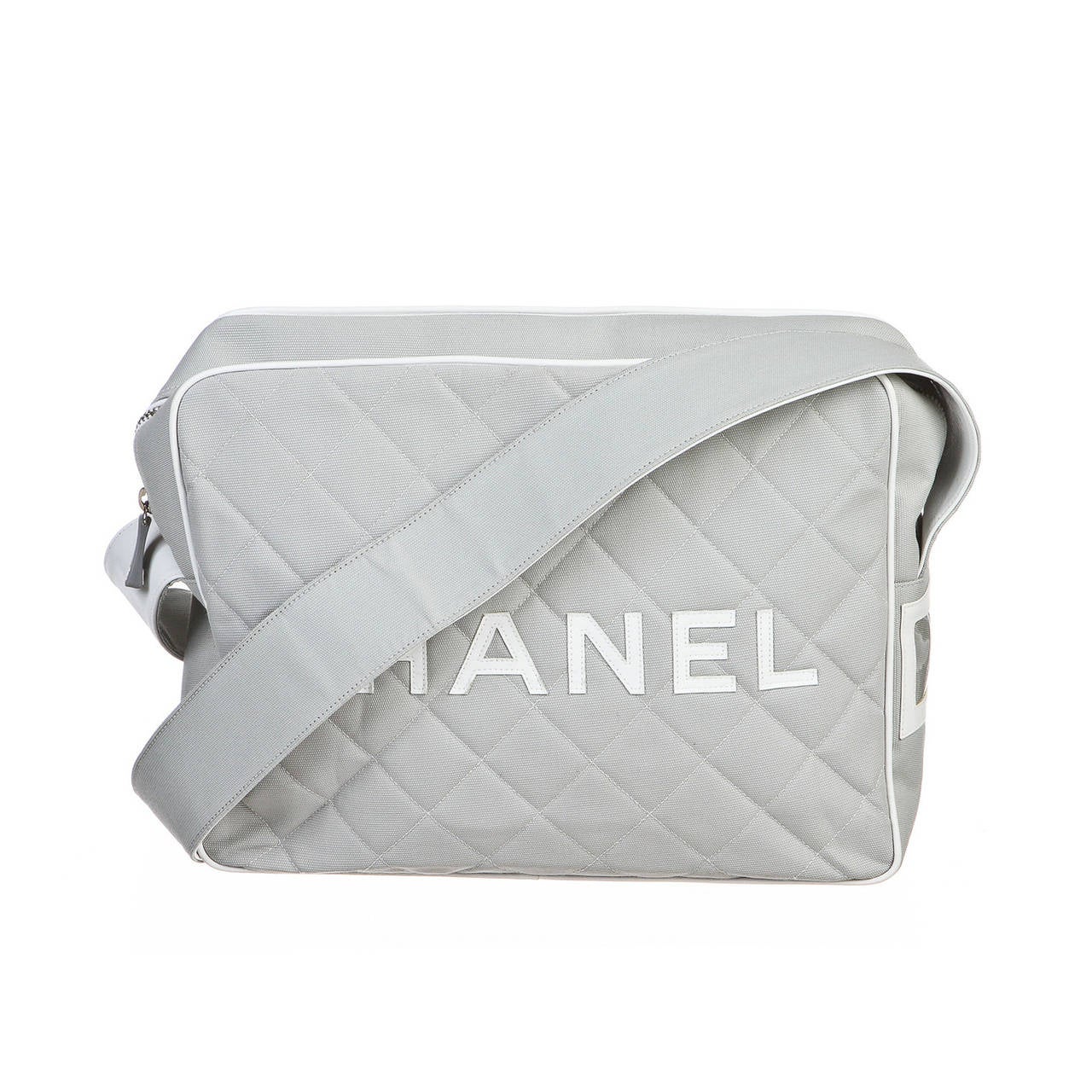 Chanel Gray Quilted Canvas XL Classic Jumbo Camera Messenger Handbag For Sale
