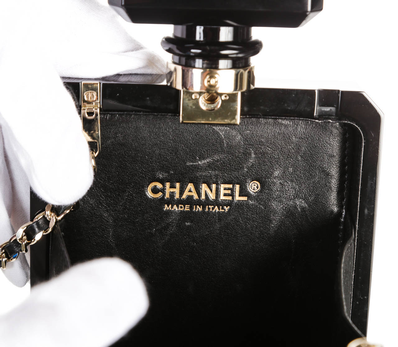 Chanel Black Plexiglass Perfume Bottle 14C LTD Clutch Handbag For Sale 2