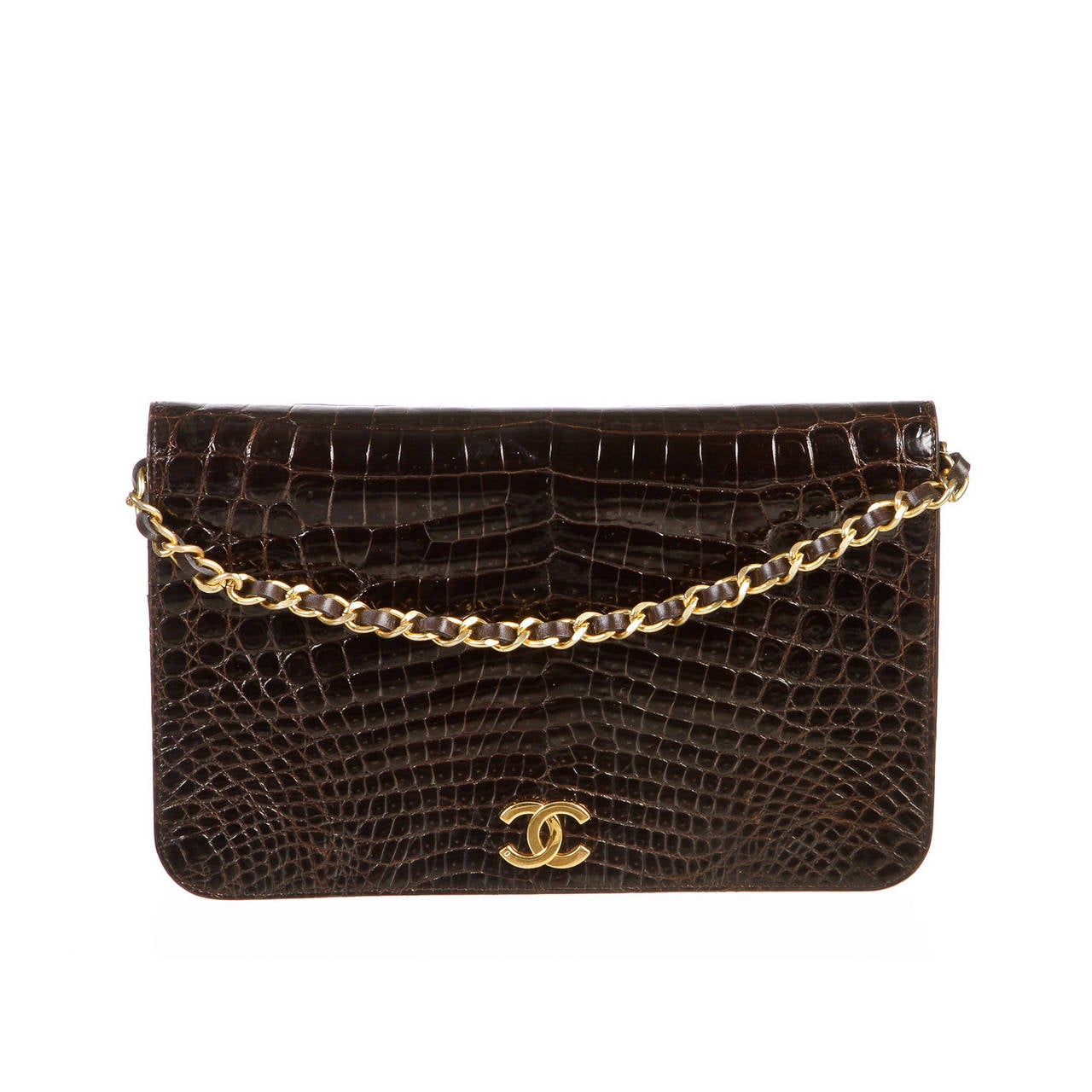 Chanel Brown Crocodile Vintage Flap Shoulder Handbag For Sale