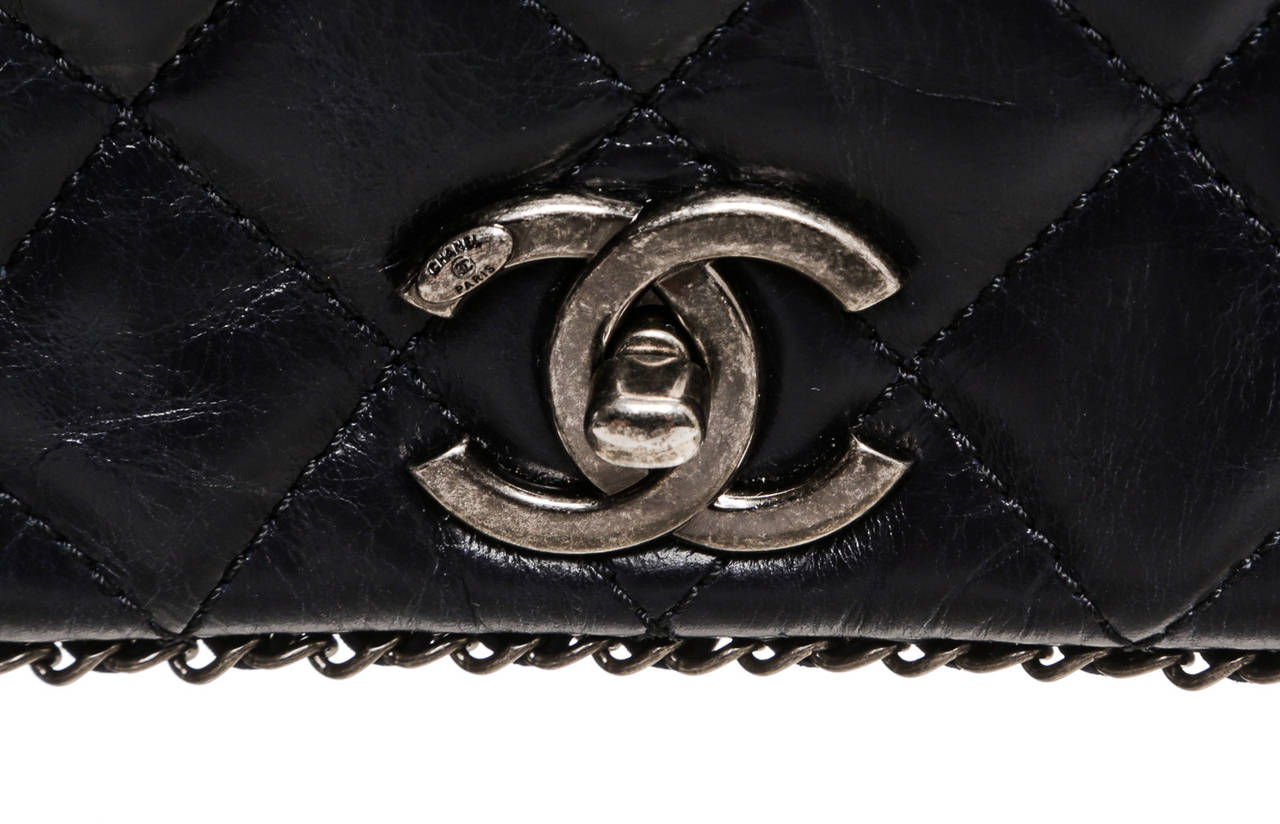 Chanel Navy Blue Lambskin Chain Around Accordion Flap Handbag 2