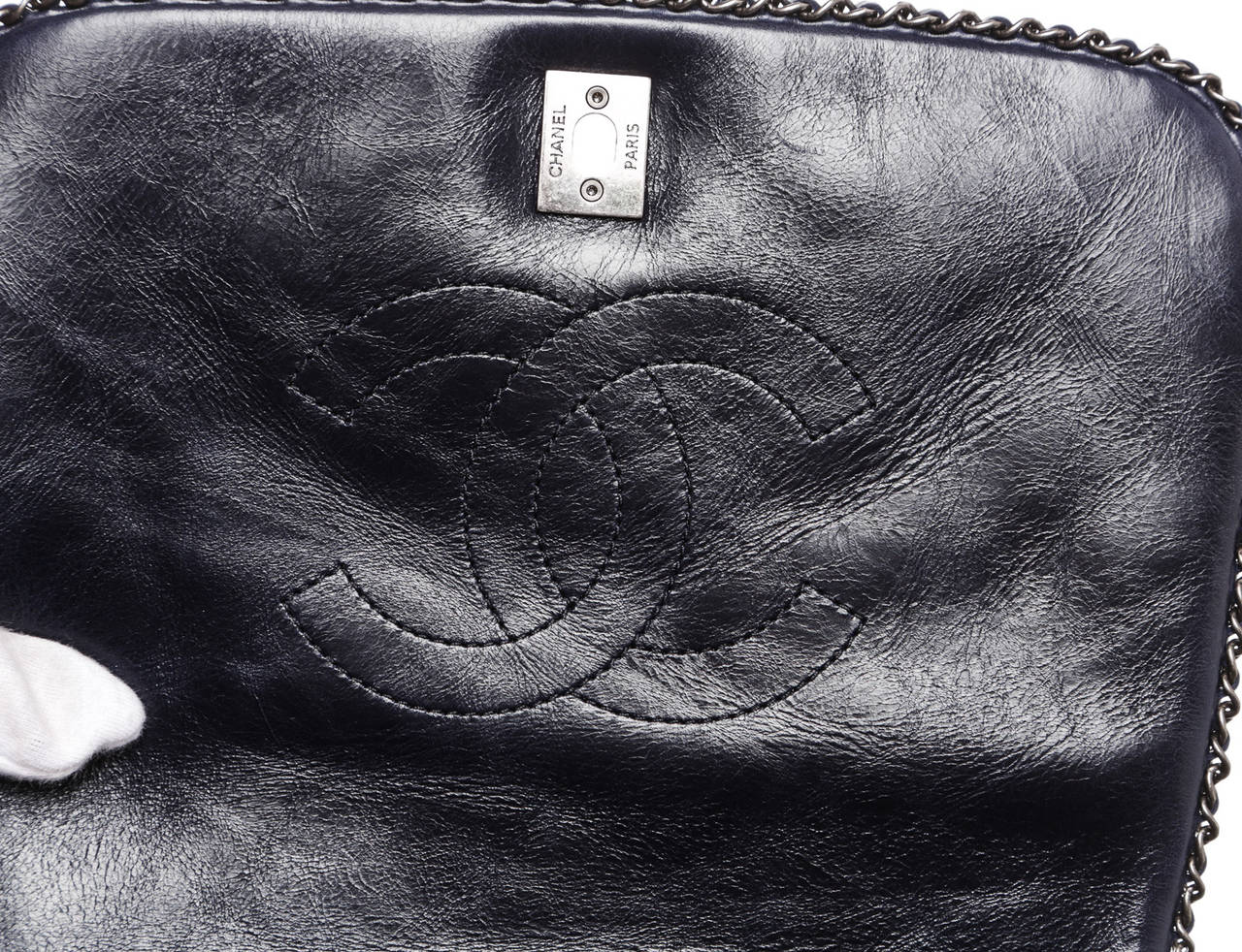 Chanel Navy Blue Lambskin Chain Around Accordion Flap Handbag 4