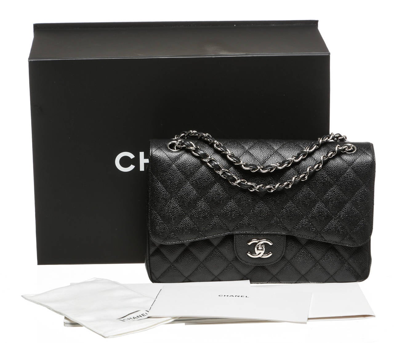 Chanel Black Caviar Double Flap Jumbo Classic 2.55 Handbag SHW 6