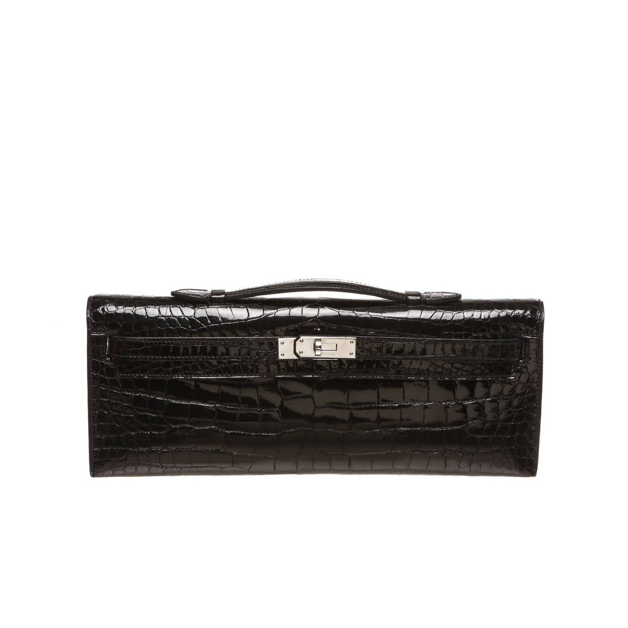 Hermes Noir Porosus Crocodile Kelly Cut Clutch Handbag For Sale