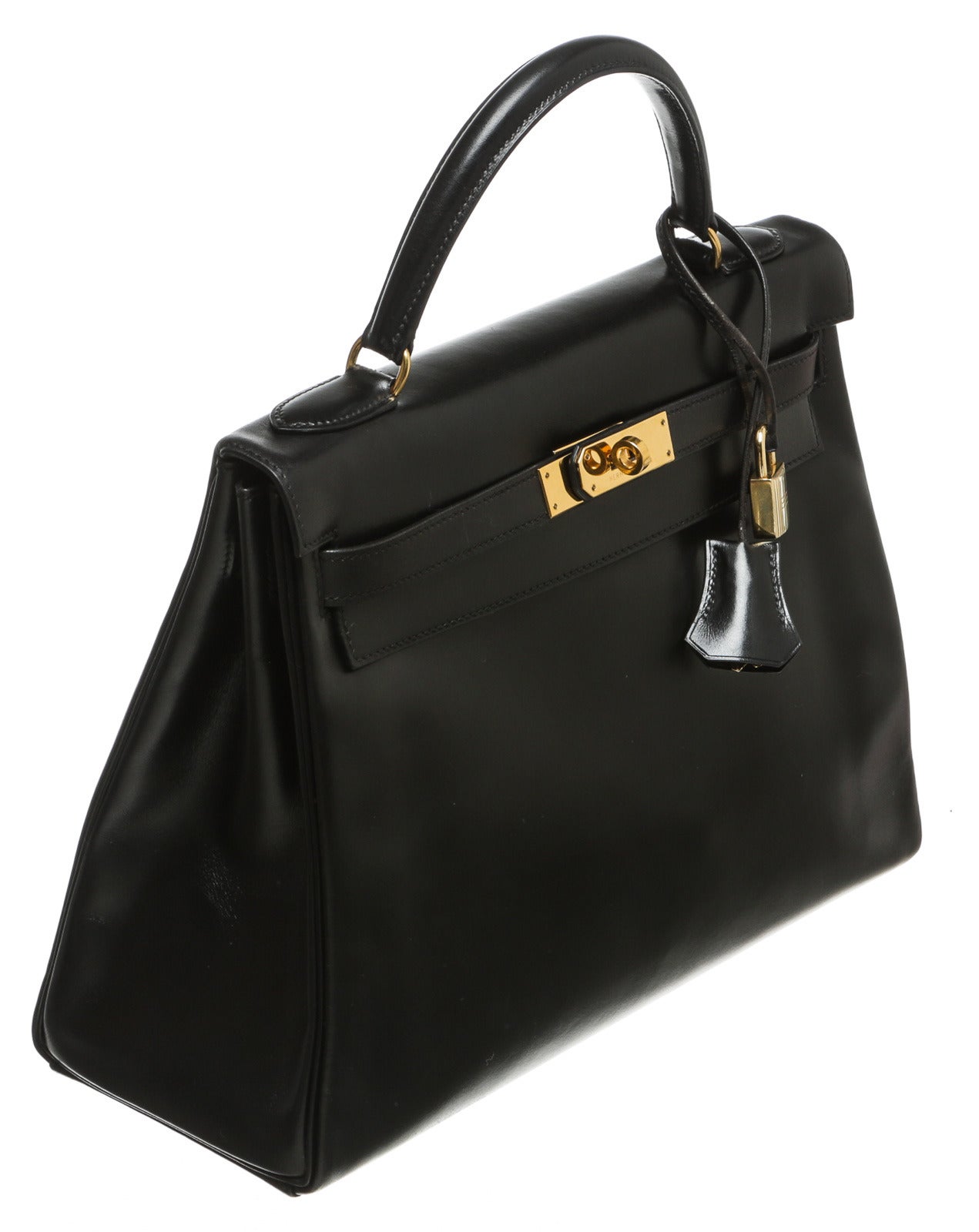 Hermes Noir (Black ) Box Leather 32cm Kelly Handbag GHW For Sale 1