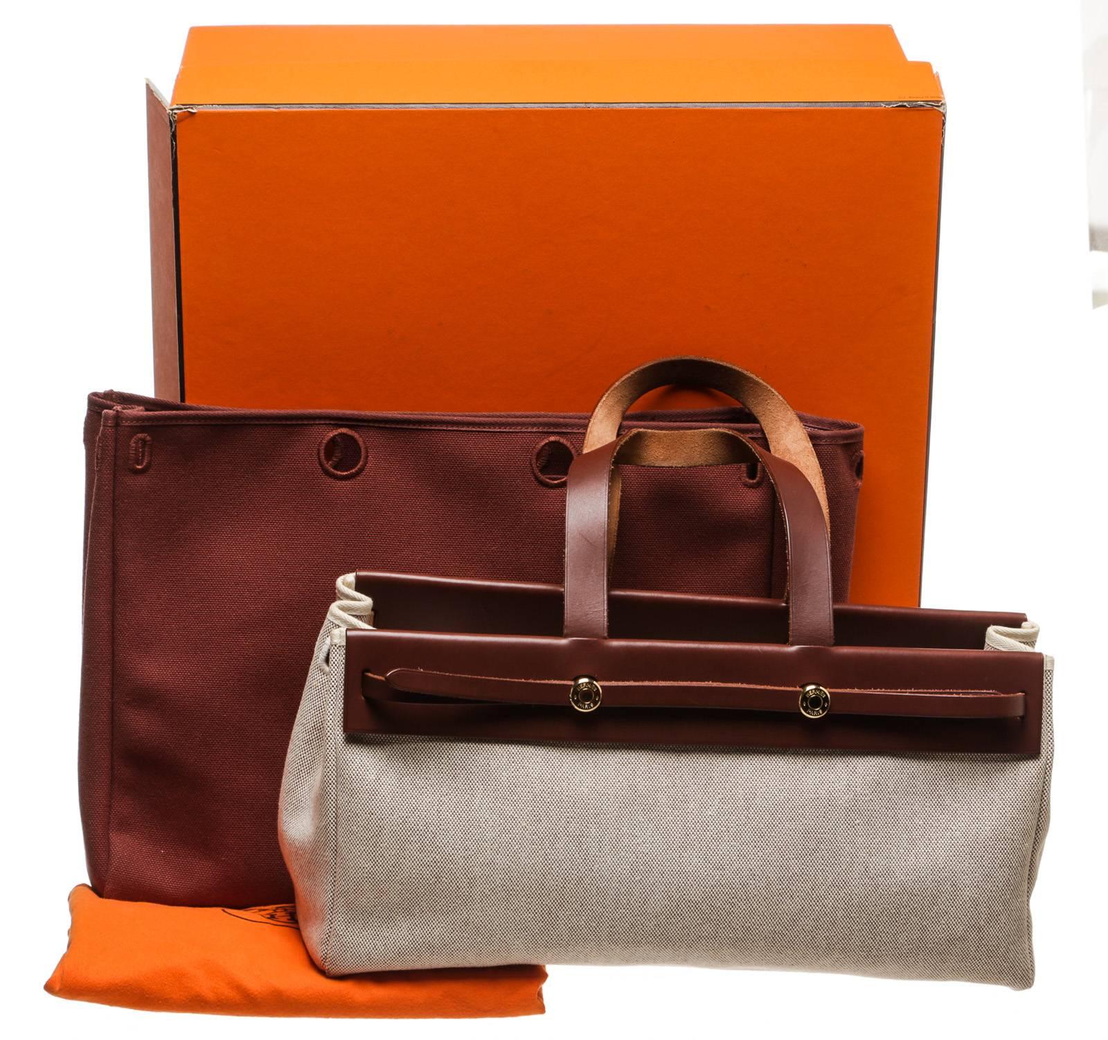Hermes Beige Toile and Brown Leather Herbag Shoulder Handbag For Sale 5